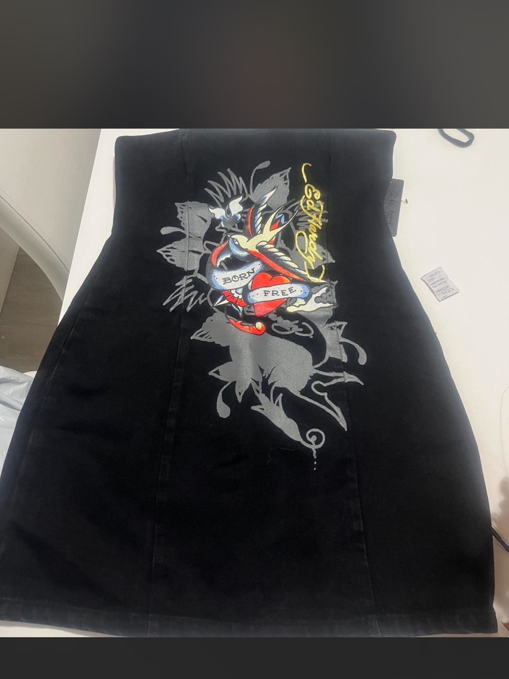 Ed Hardy Black Strapless Mini Dress with Tattoo Heart Graphic